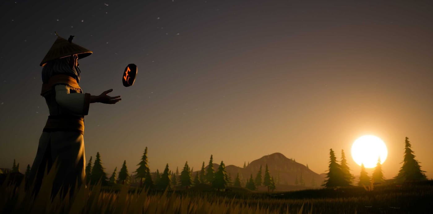 A wizard tossing a glowing rune at sunset