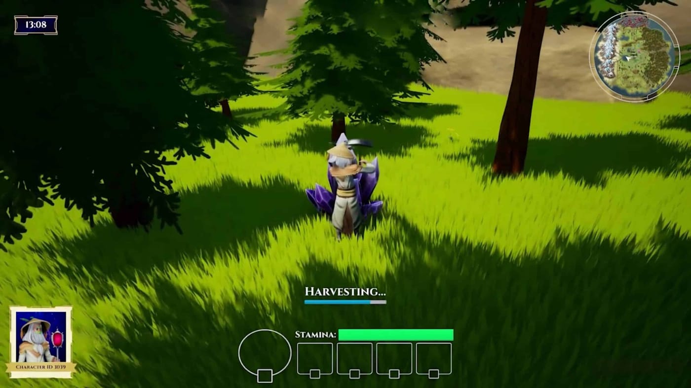 A wizard harvesting crystals in a meadow